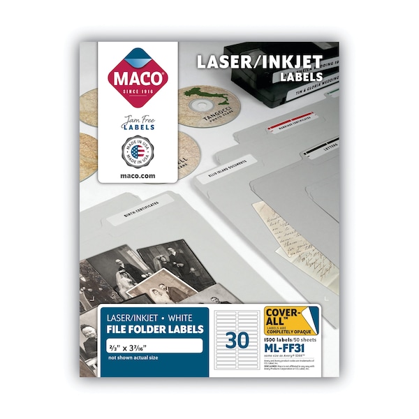 Maco Laser/Inkjet File Folder Labels, PK1500 MMLFF31 Zoro